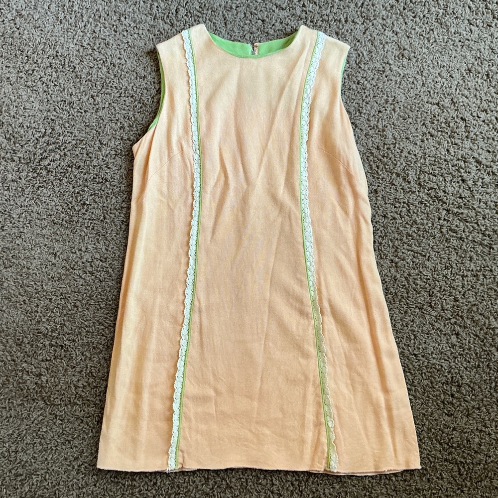 Genuine 1960’s Vintage Shift Dress, Peach, White Lace, Linen, Mod, Retro, Large